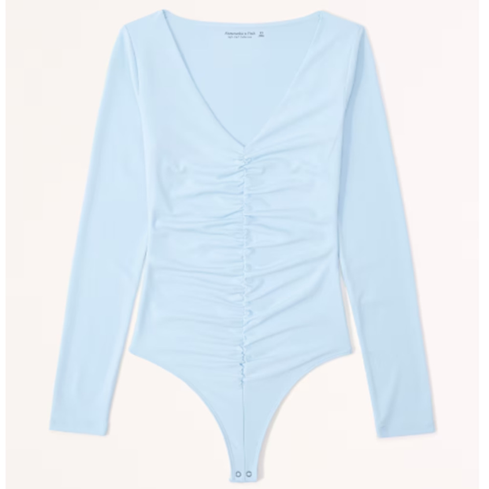 Abercrombie & Fitch Light Blue Long Sleeve Ruched V-Neck Bodysuit